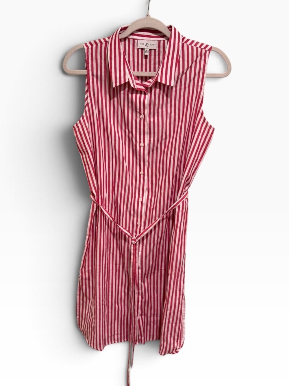Sleeveless Collared Sleeveless Shirt Dress in Red and White Stripes